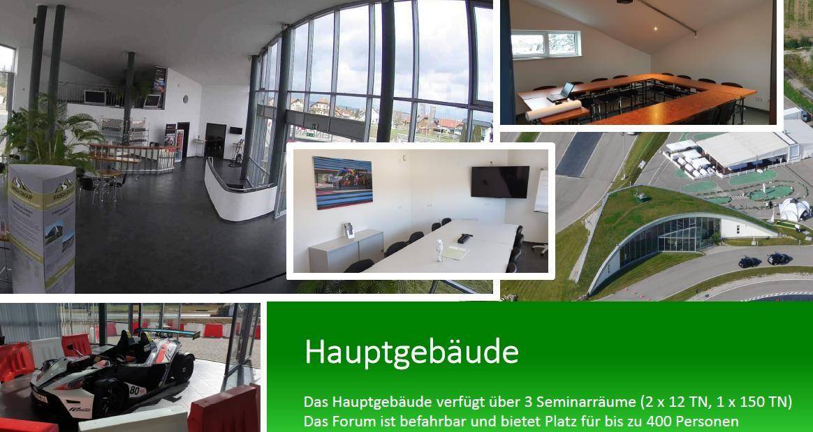 Innenansichten des Hauptgebäudes mit Empfangsbereich, Konferenzräumen und einer externen Luftaufnahme des Geländes.