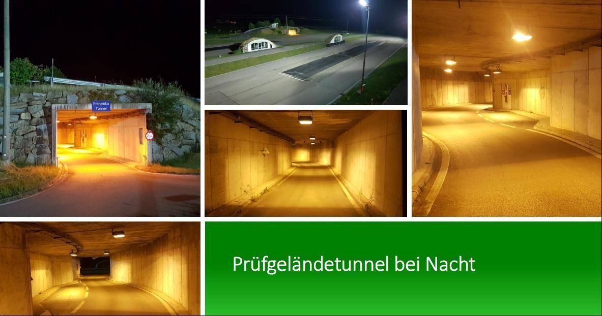 Verschiedene Nachtansichten des Prüfgeländes mit beleuchteten Fahrbahnen und Tunnelsystemen.