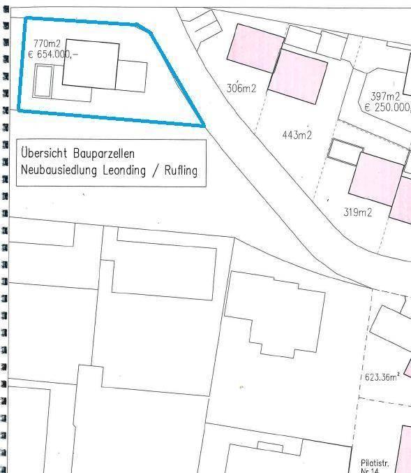 Übersichtskarte der Bauparzellen in der Neubausiedlung Leonding/Rufling mit Grundstücksgrößen und Preisen.