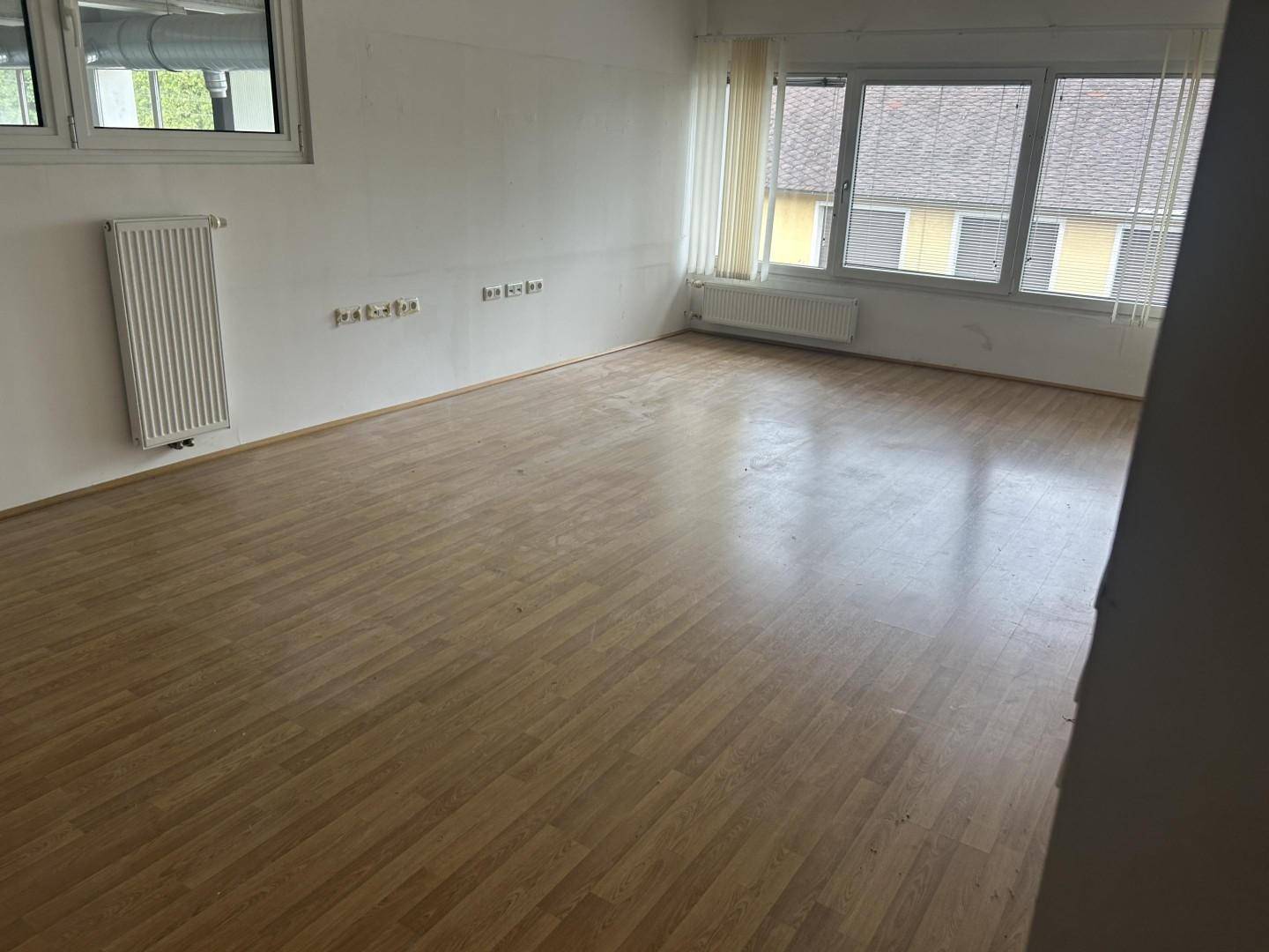 Heller, leerer Raum mit Laminatboden, weißen Wänden und großen Fenstern mit Jalousien.