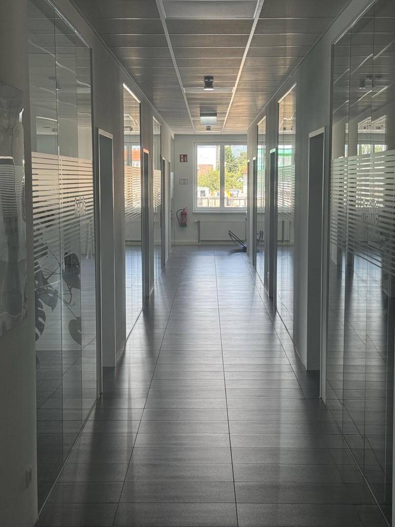 Langer, moderner Flur mit Glasbürotüren auf beiden Seiten und einem Fenster am Ende, das Tageslicht hereinlässt.