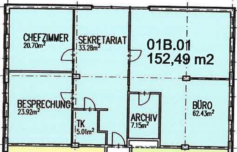 Detaillierter Grundrissbereich mit Chefzimmer, Sekretariat, Besprechung und Archivflächen.