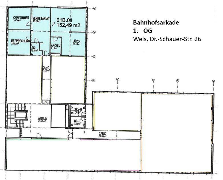 Grundriss des ersten Obergeschosses mit Büros, Sekretariat, Besprechungsraum und Archiv.