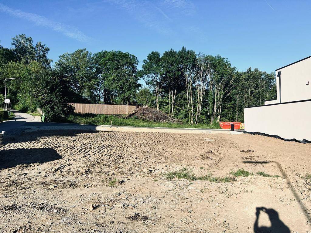 Unbebautes Grundstück mit Baumbestand im Hintergrund und einem modernen Gebäude am rechten Bildrand.