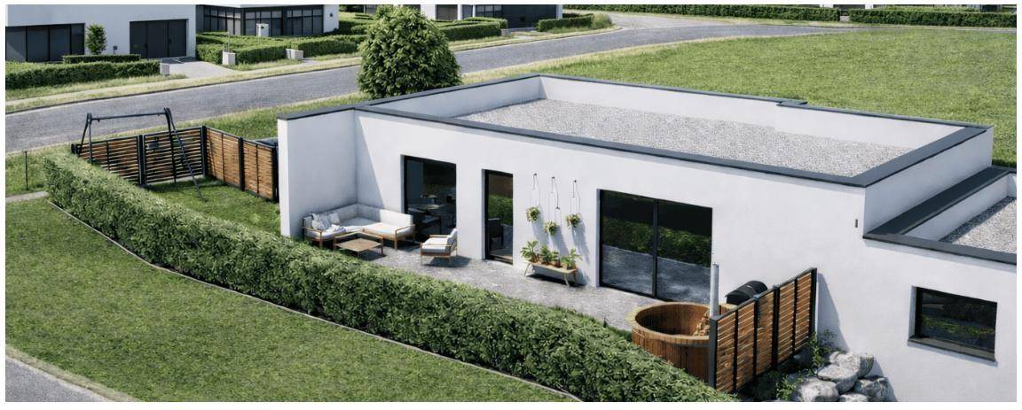 Moderne Terrasse mit Outdoor-Sitzbereich, Whirlpool und Blick auf den grünen Garten.