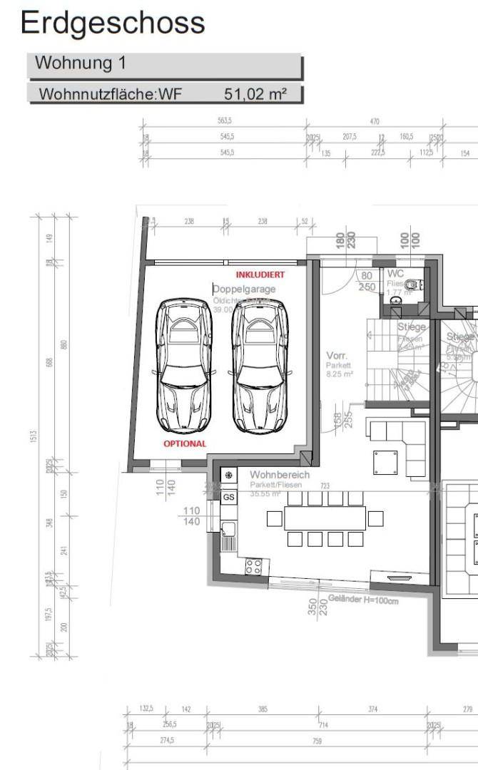 Grundriss des Erdgeschosses mit Doppelgarage, offenem Wohnbereich, WC und Treppe.