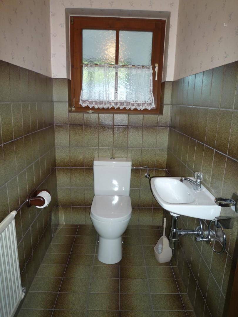 Kleines Gäste-WC mit Toilette, Waschbecken und braunen Fliesen, beleuchtet durch ein Fenster.
