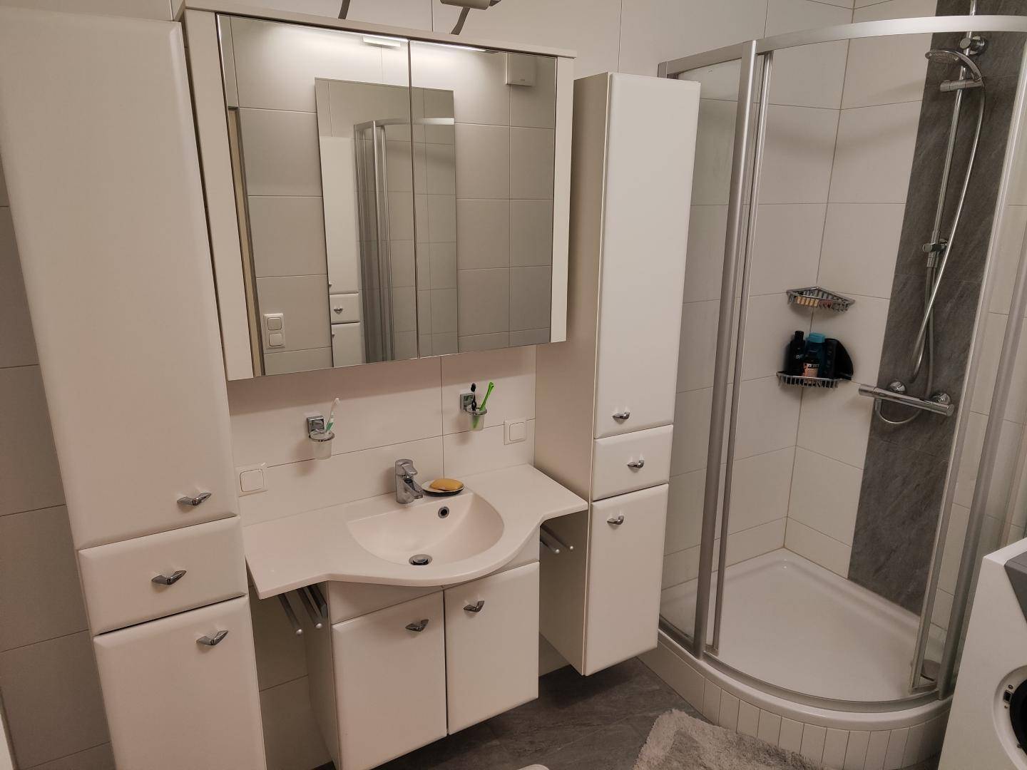 Modernes Badezimmer mit Duschkabine, Waschtisch und Spiegelschrank.