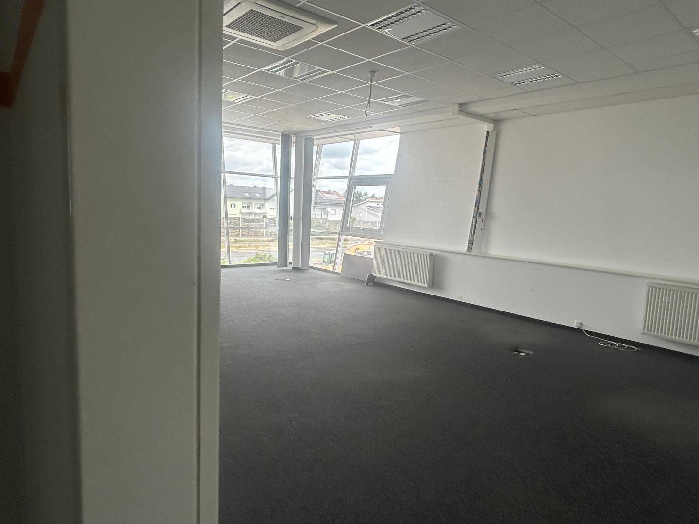 Großes, helles Büro mit Teppichboden und bodentiefen Fenstern, die viel Licht hereinlassen.