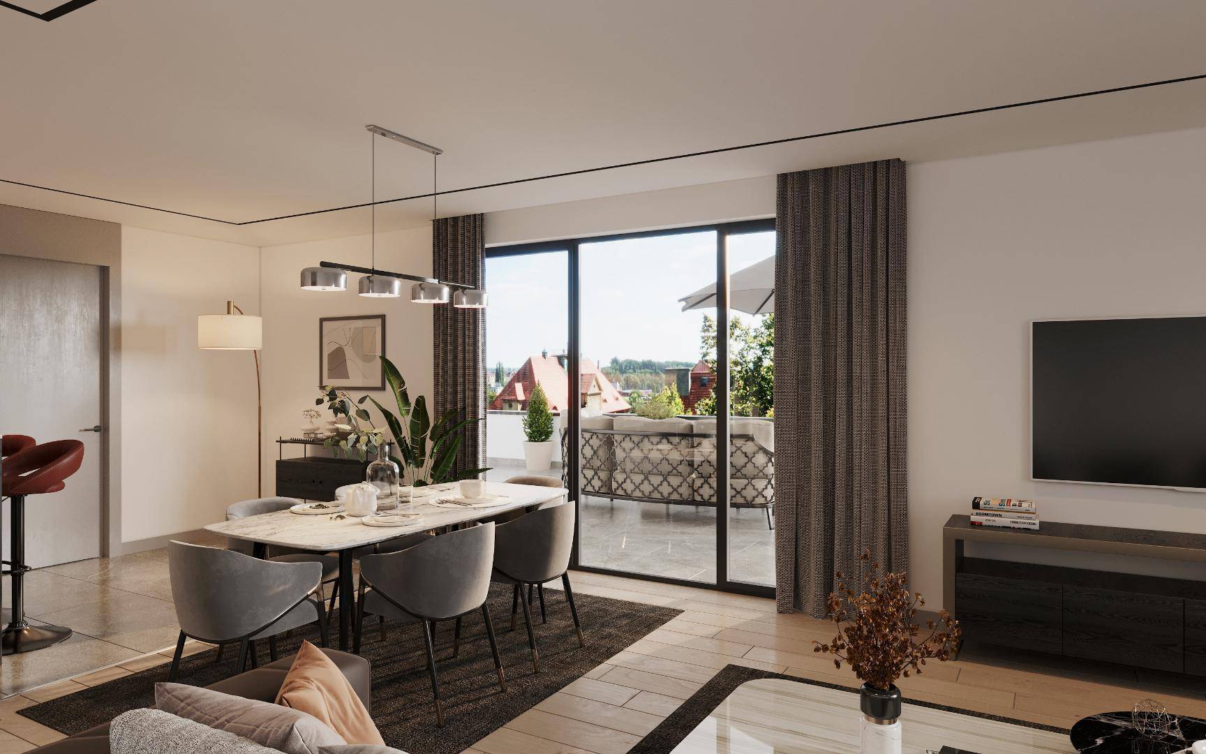 Heller Wohn- und Essbereich mit modernem Design, großen Fenstern und Zugang zu einer Terrasse.