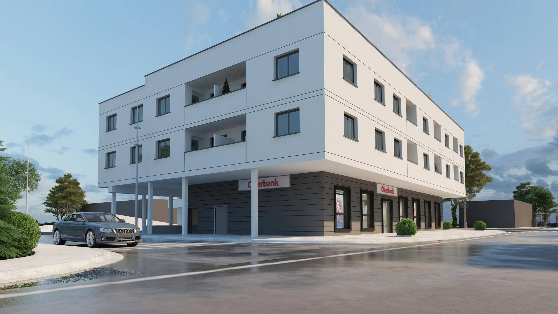 Moderne Gebäudevisualisierung mit Geschäften im Erdgeschoss und Wohnungen darüber an einer Straßenecke.