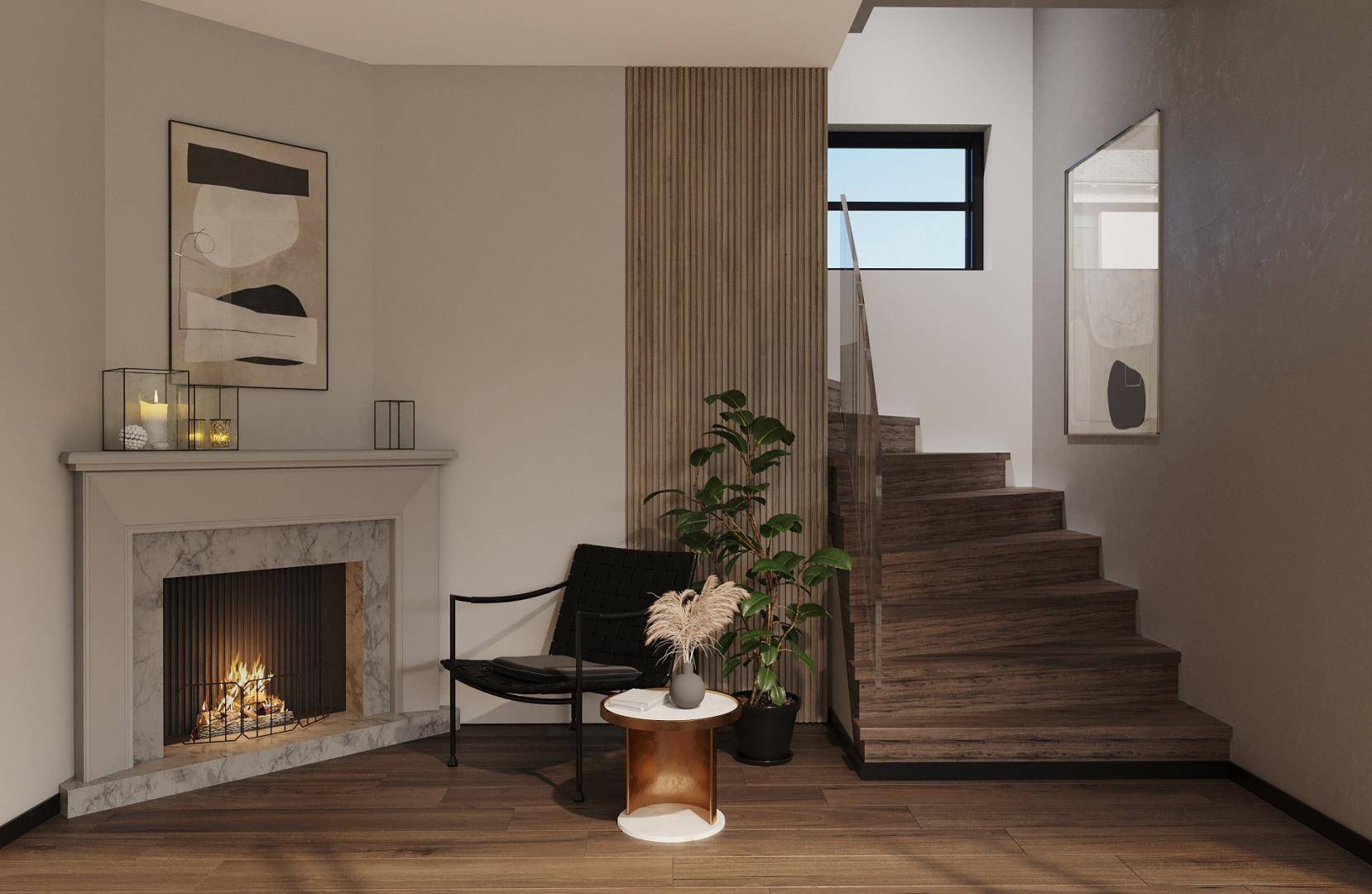 Heller Eingangsbereich mit modernem Kamin, Holztreppe und stilvoller Dekoration.