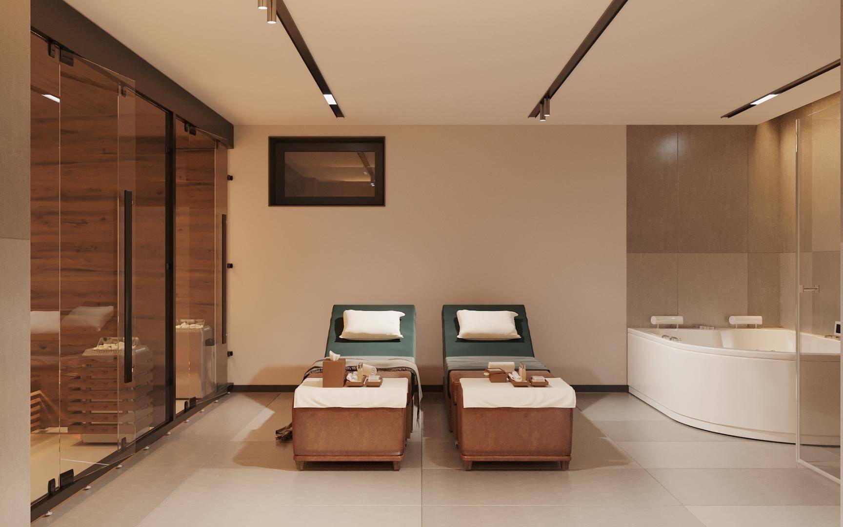 Exklusiver Wellnessbereich mit Sauna, bequemen Liegen und einem luxuriösen Whirlpool.