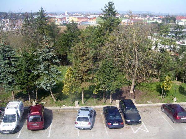 Vogelperspektive eines Parkplatzes umgeben von Bäumen mit Blick auf die weitere Umgebung.