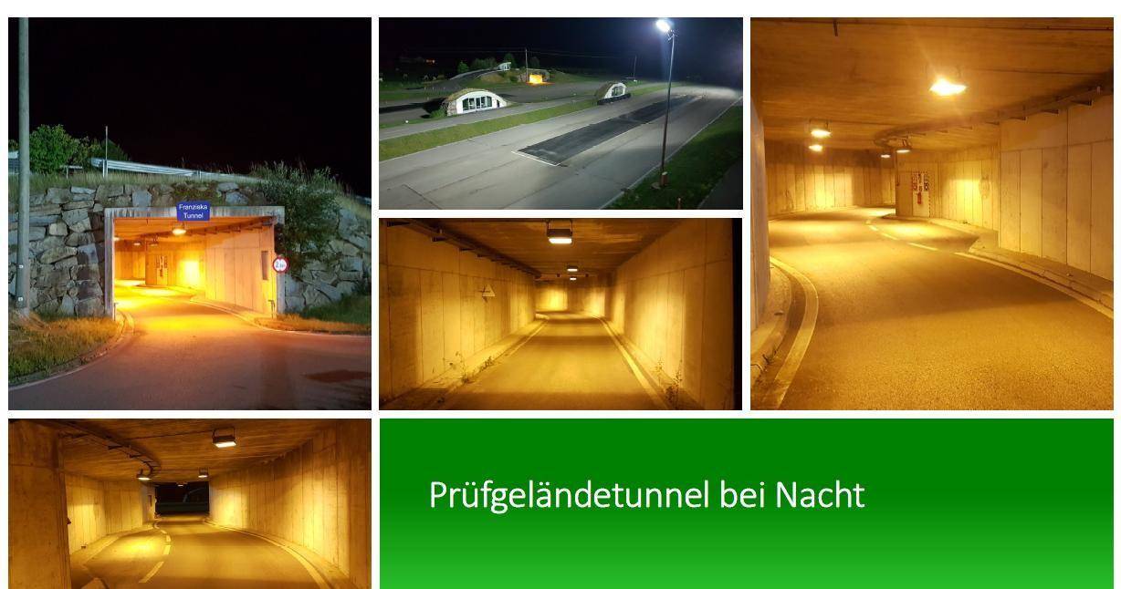 Nachtaufnahmen des Prüfgeländes mit beleuchteten Fahrbahnen und den Eingängen zu den Tunneln.