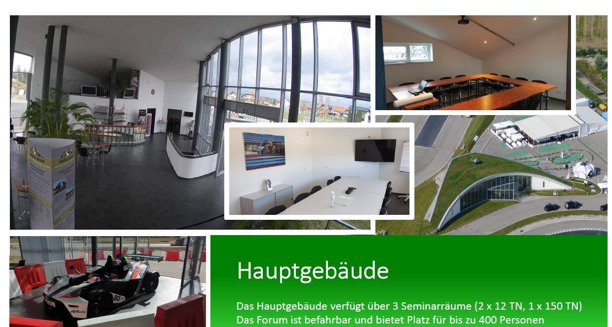 Collage mit Innenansichten des Hauptgebäudes, einem Konferenzraum und einer Außenansicht des Prüfgeländes.