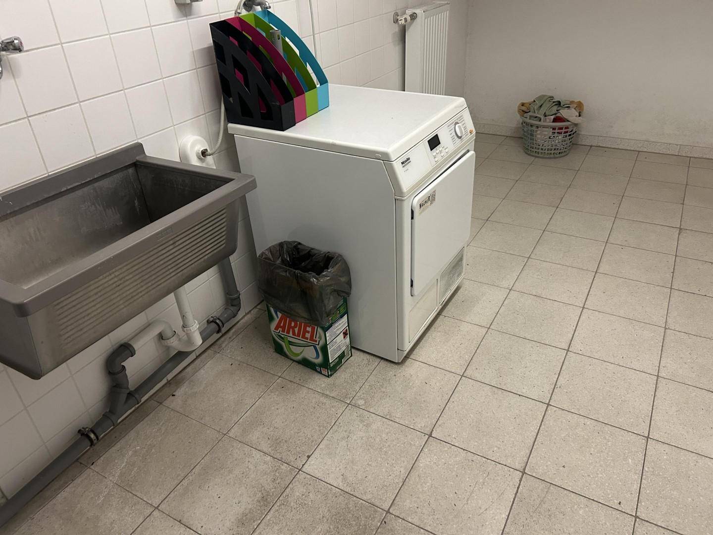 Waschküche mit Waschmaschine, Waschbecken und gefliestem Boden.