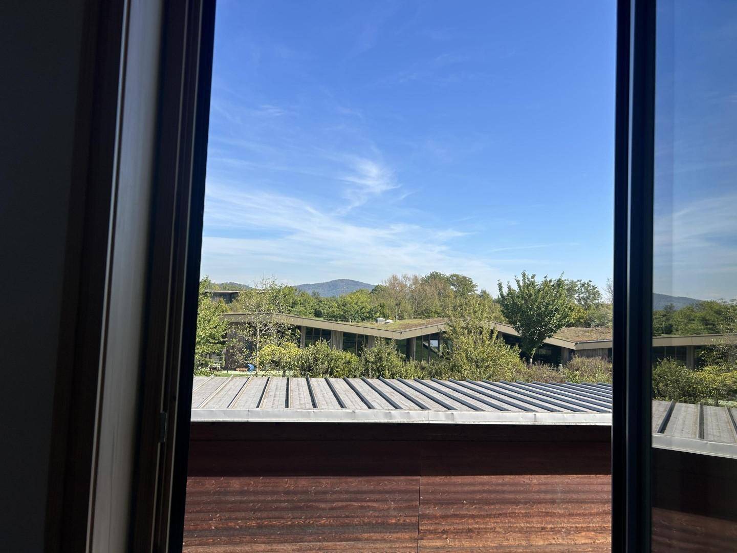 Weitblick auf grüne Hügel und Gebäude mit begrünten Dächern unter blauem Himmel.