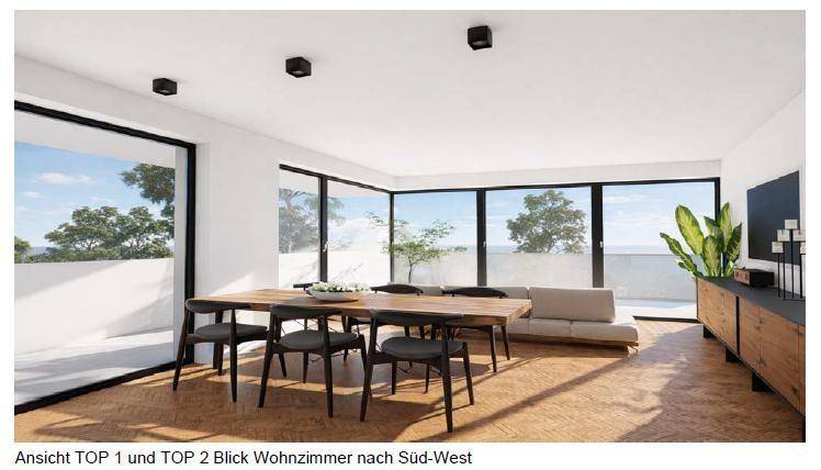 Heller Wohn-Essbereich mit Holztisch, modernen Möbeln und großen Fenstern mit Zugang zur Terrasse.