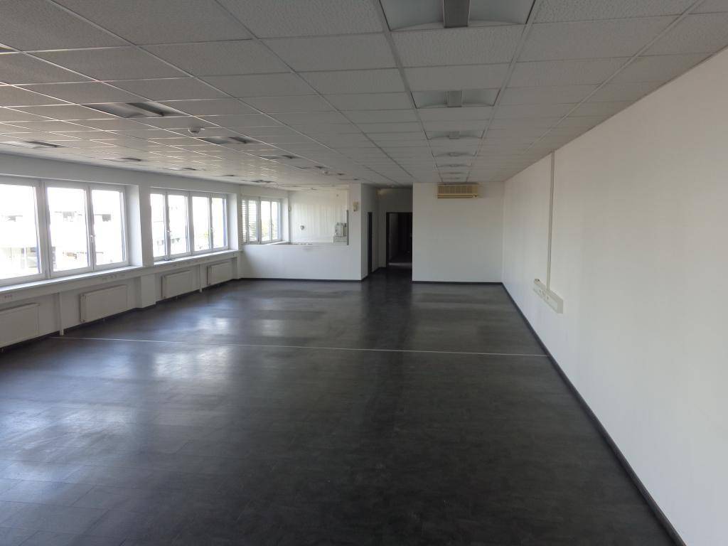 Heller, leerer Büroraum mit vielen Fenstern, dunklem Bodenbelag und einer abgehängten Decke.