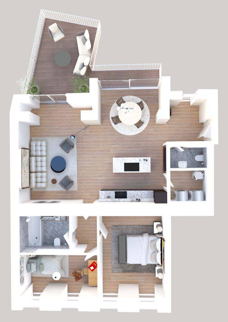 Detaillierter Grundriss einer Wohnung mit offenem Wohnbereich, einem Schlafzimmer und großer Terrasse.