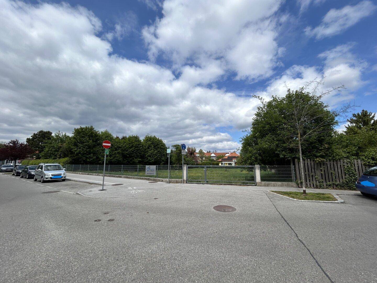 Eine unbebaute Grünfläche mit Bäumen im Hintergrund, umgeben von einem Zaun und einer Straße.
