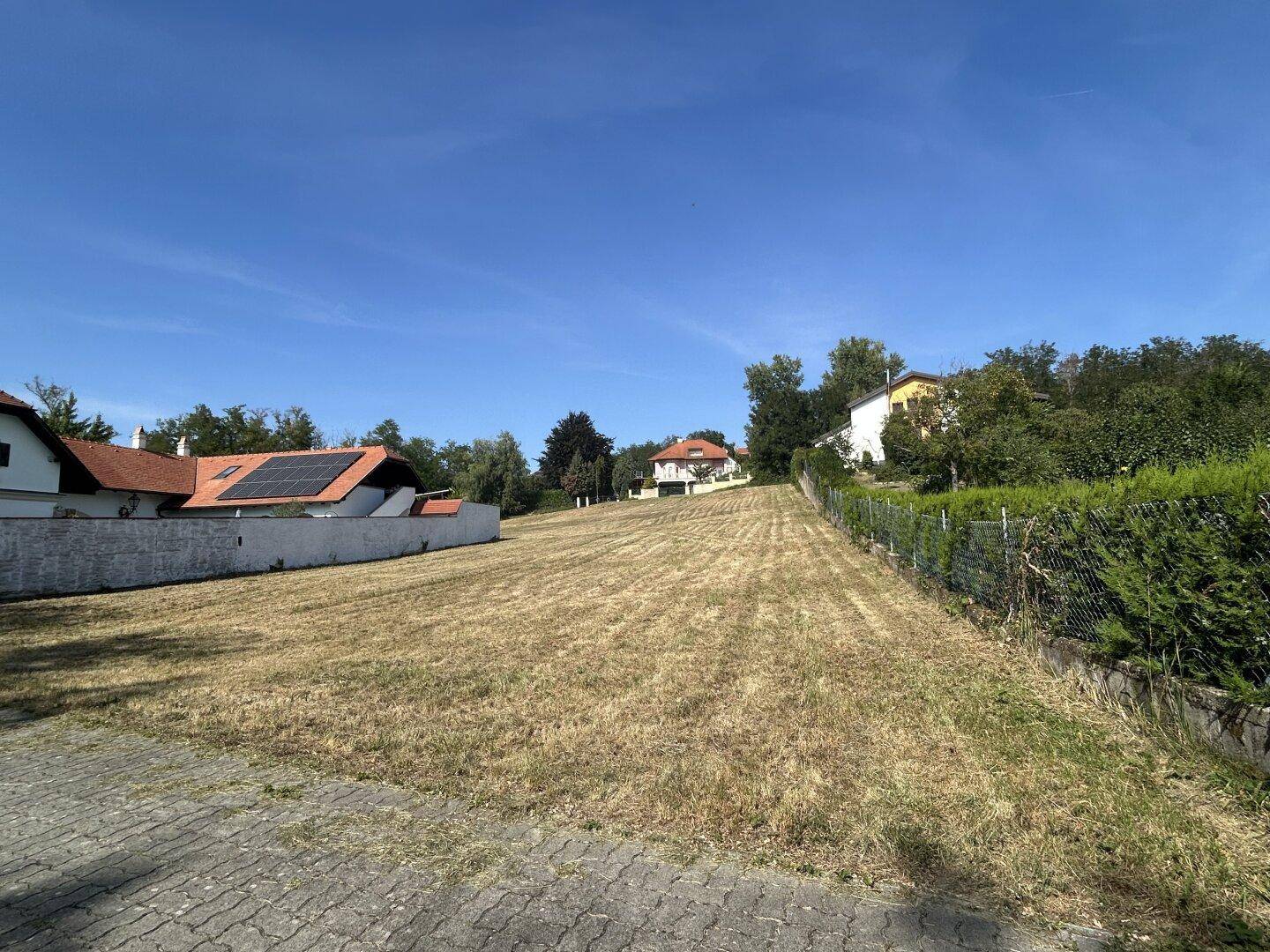Großes Grundstück mit trockenem Gras und umliegenden Wohnhäusern unter blauem Himmel.