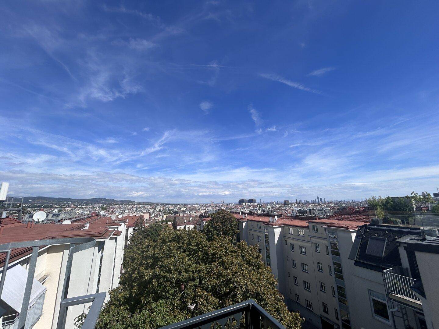 Weitläufiger Blick über die Dächer der Stadt mit grünen Baumkronen und blauem Himmel.