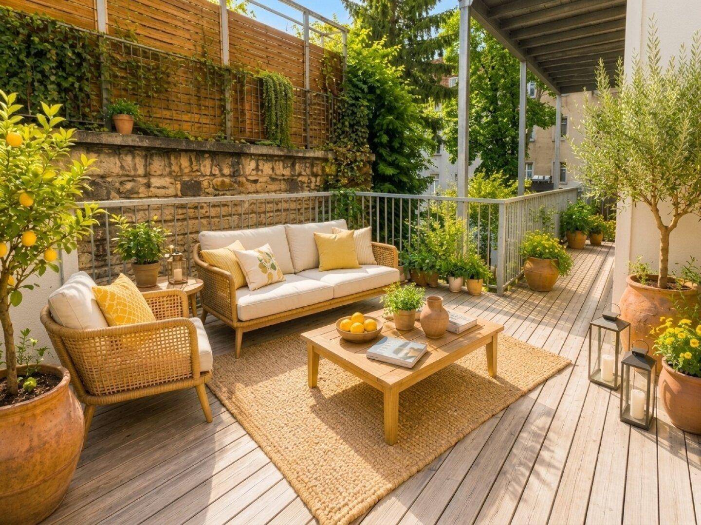 Sonnige Terrasse mit Holzdeck, bequemen Gartenmöbeln und üppiger Bepflanzung an einer Steinmauer.