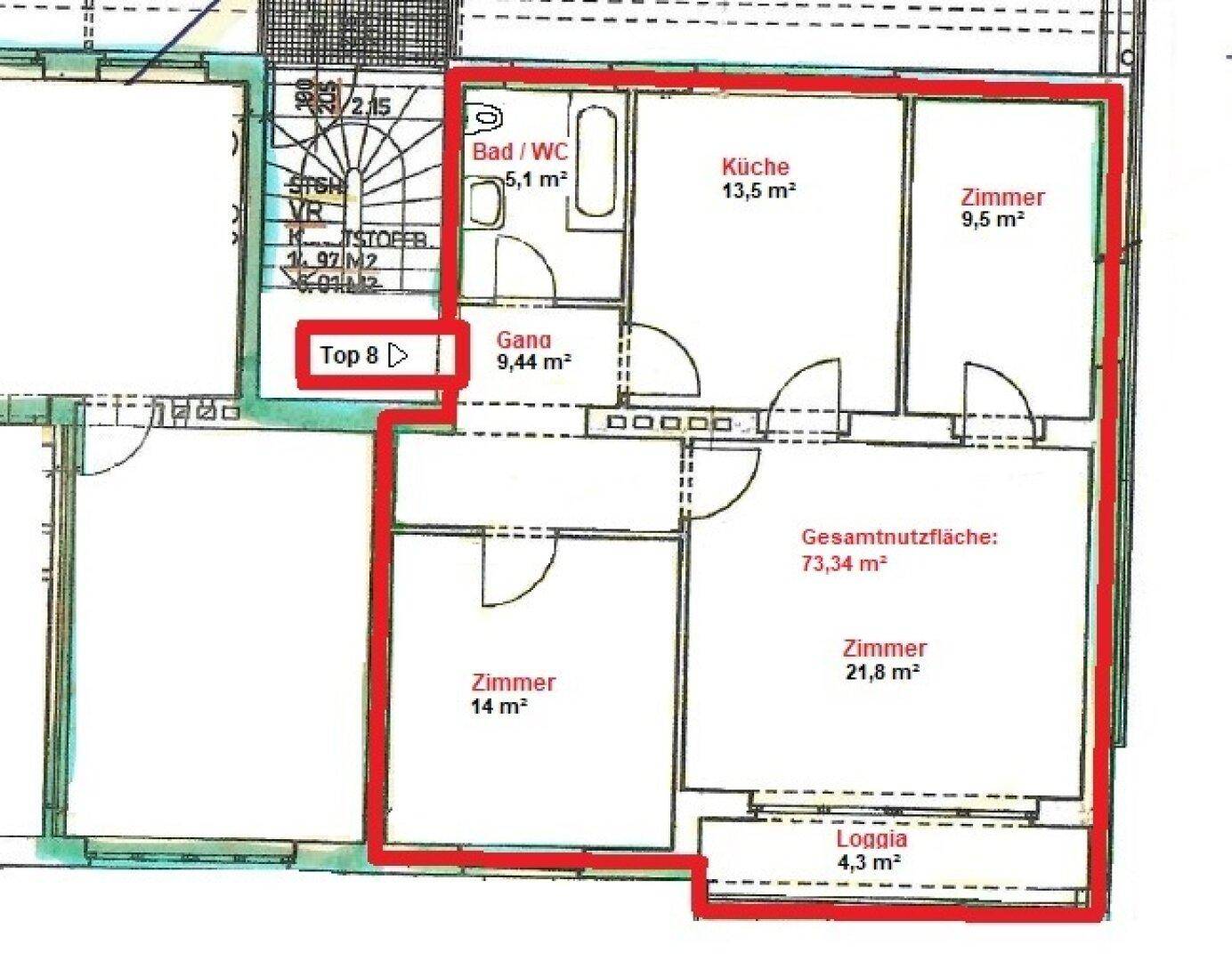 Grundriss der Wohnung mit mehreren Zimmern, Bad, Küche und einer Loggia.