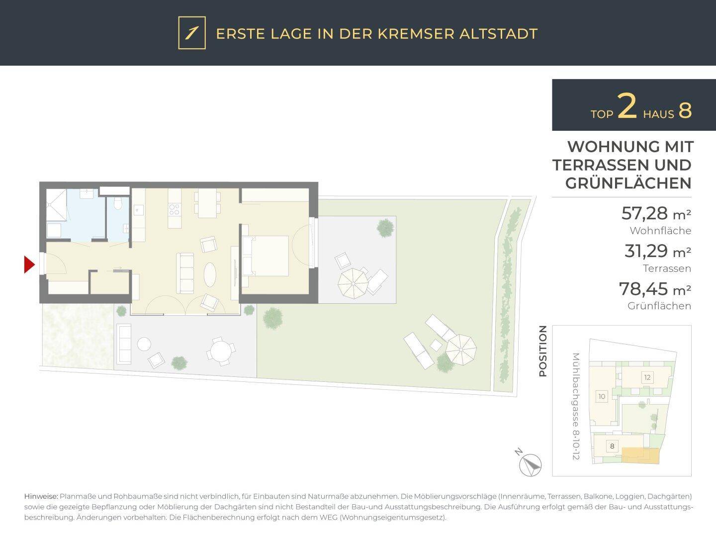 Grundriss einer Wohnung mit Wohnfläche von 57,28 m², Terrasse und Grünfläche.
