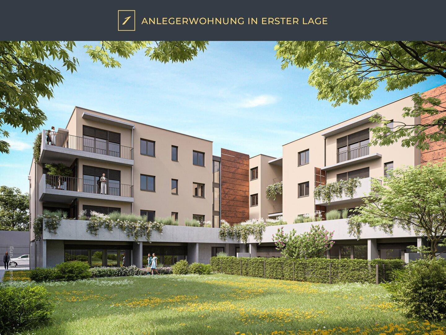 Visualisierung eines modernen Wohnkomplexes mit weitläufiger Grünfläche und Bäumen im Vordergrund.