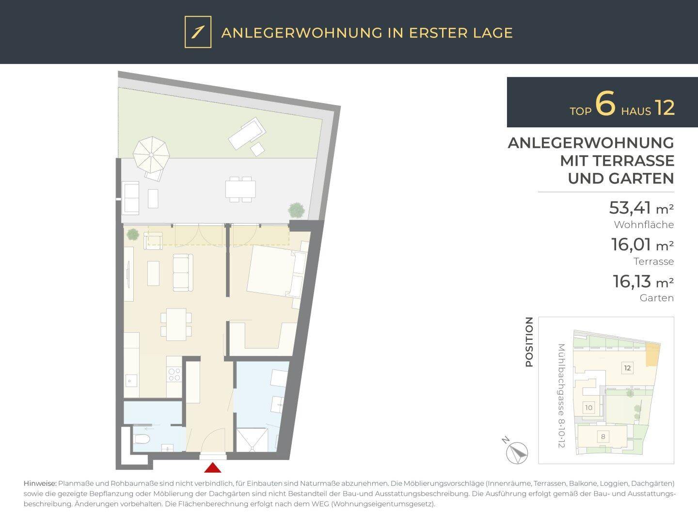 Detaillierter Grundriss einer Wohnung mit 53,41 m² Wohnfläche, Terrasse und Garten.