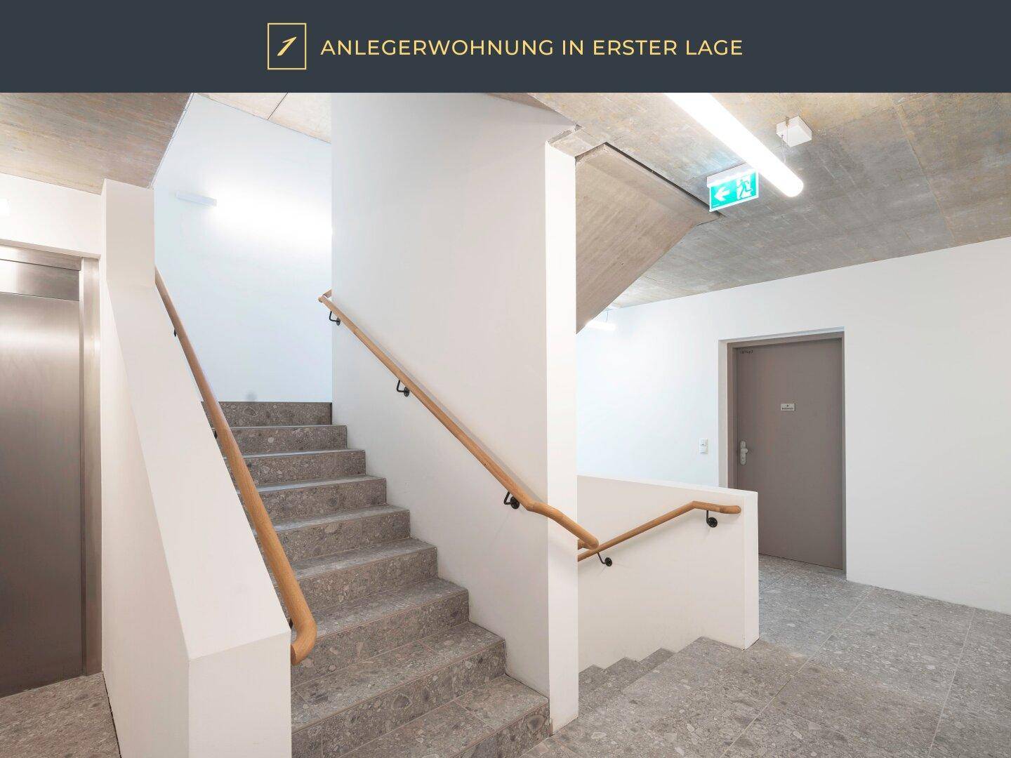 Modernes Treppenhaus mit Aufzug, Betonoptikdecke und Holzhandlauf in einem Mehrfamilienhaus.