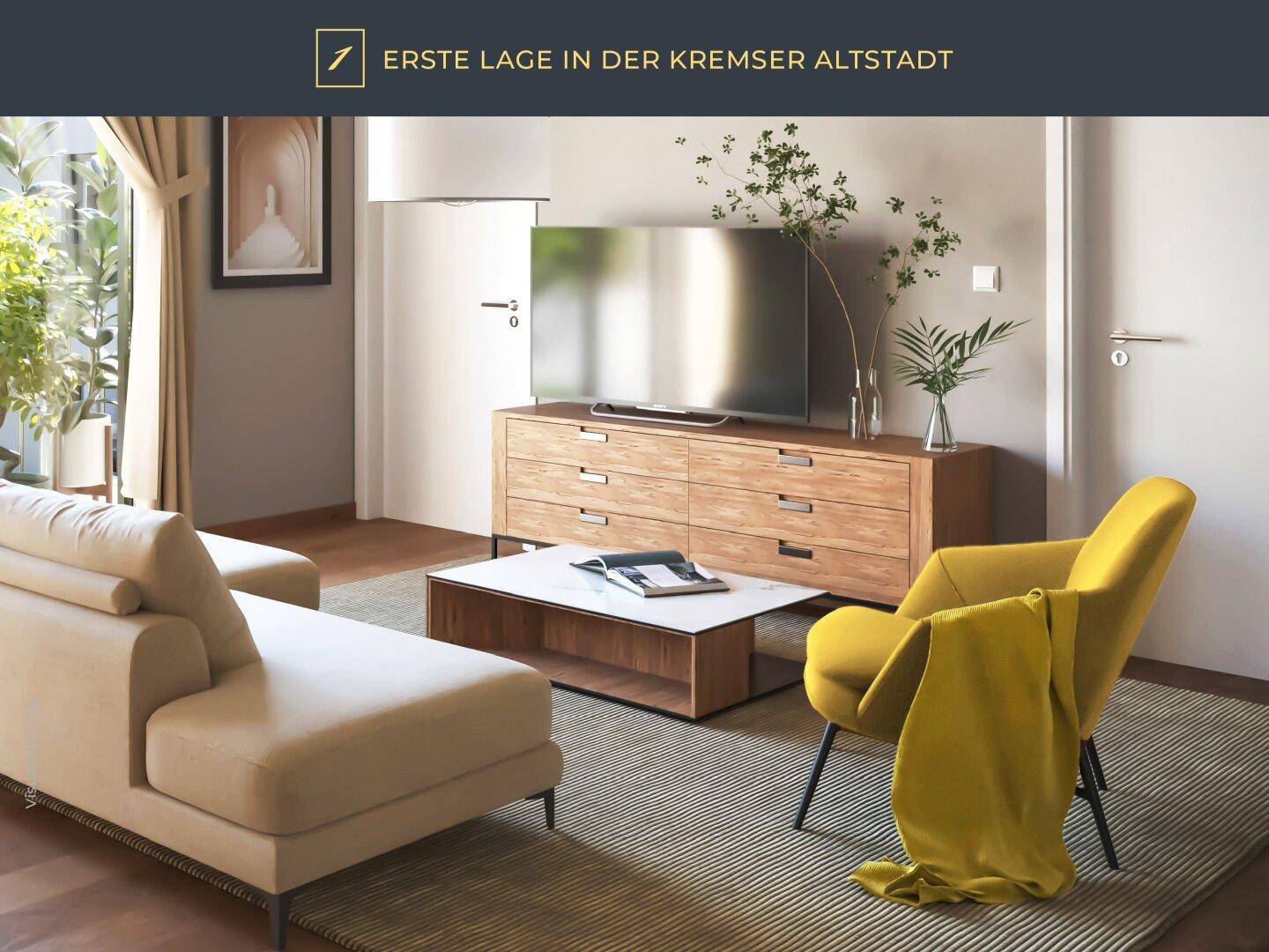 Helles Wohnzimmer mit modernem Sofa, gelbem Sessel und Holzelementen für eine gemütliche Atmosphäre.