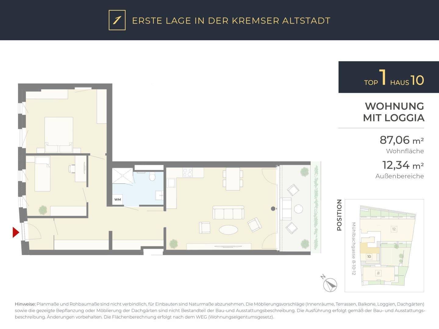 Detaillierter Grundriss einer Wohnung mit Loggia, offenem Wohnbereich und zwei Schlafzimmern.