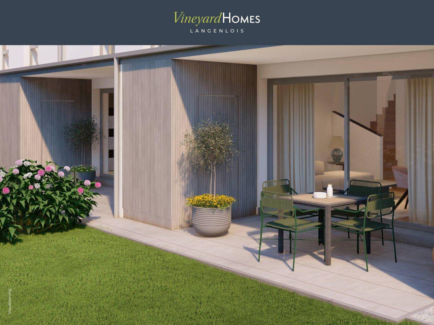 Gemütliche Terrasse mit modernen Gartenmöbeln und direktem Zugang zum grünen Garten.