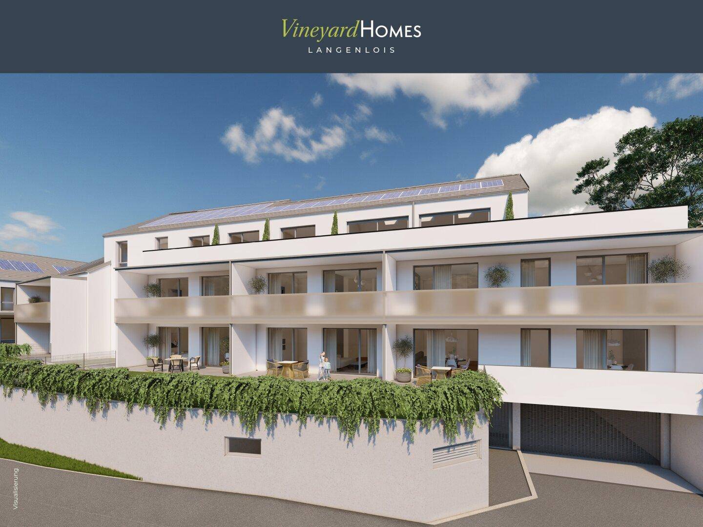 Moderne Reihenhäuser mit großzügigen Balkonen, Photovoltaikanlage und Tiefgaragenzufahrt.