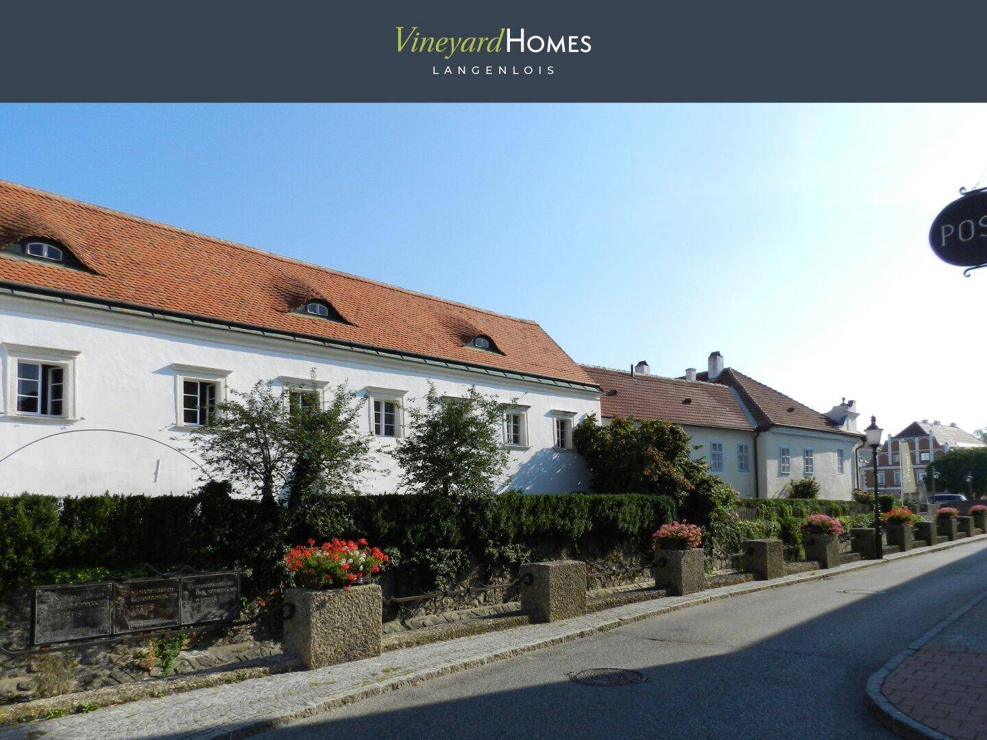 Ruhige Straße in Langenlois mit traditionellen Häusern und gepflegten Hecken.