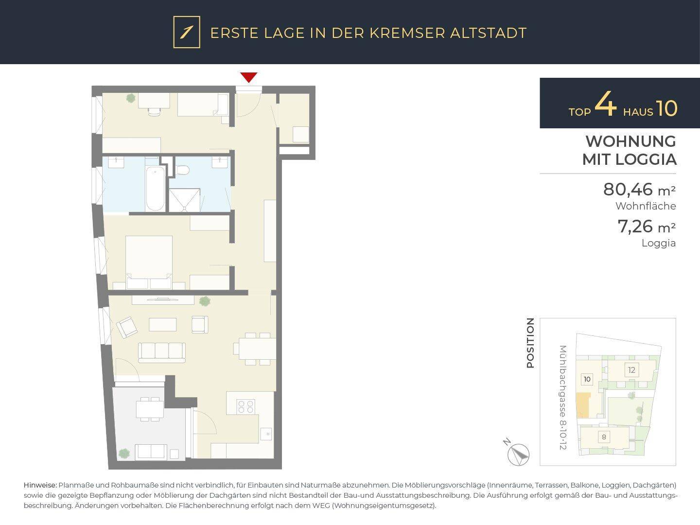 Grundriss einer Wohnung mit 80,46 m² Wohnfläche und einer Loggia von 7,26 m².