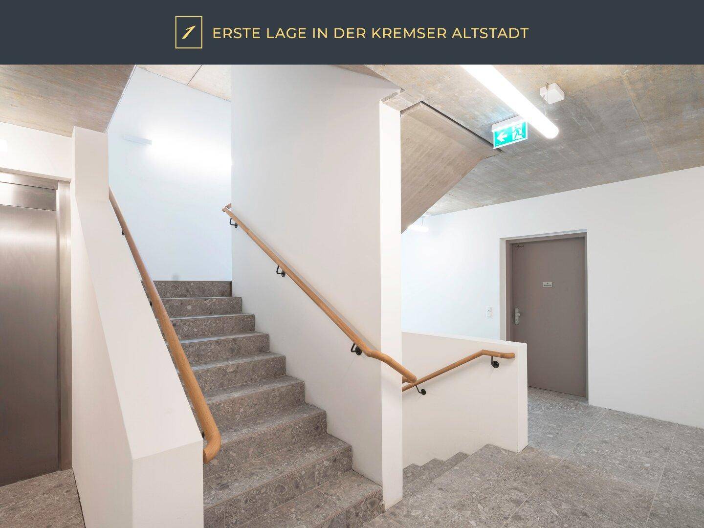 Modernes Treppenhaus mit Betonstufen, Holzgeländer und Aufzug in einem Mehrfamilienhaus.