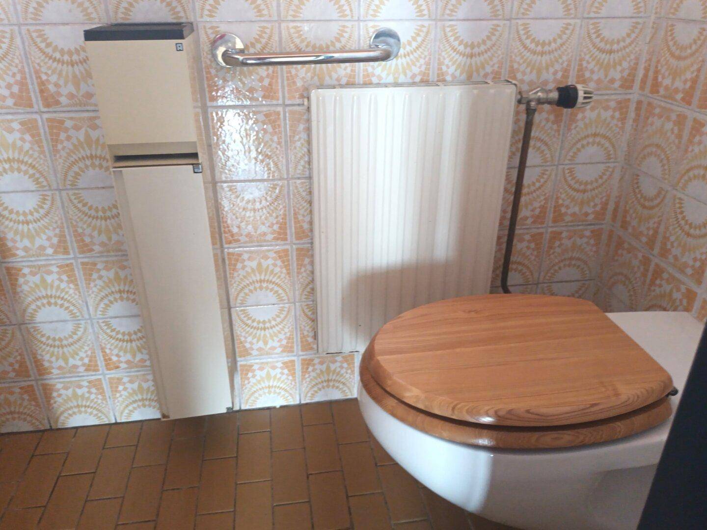 Toilette mit gemusterten Fliesen, Holz-Toilettensitz und Haltegriff an der Wand.