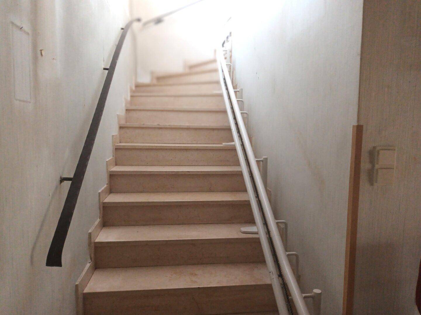 Treppenhaus mit Handlauf und einer Rampe für verbesserte Zugänglichkeit.