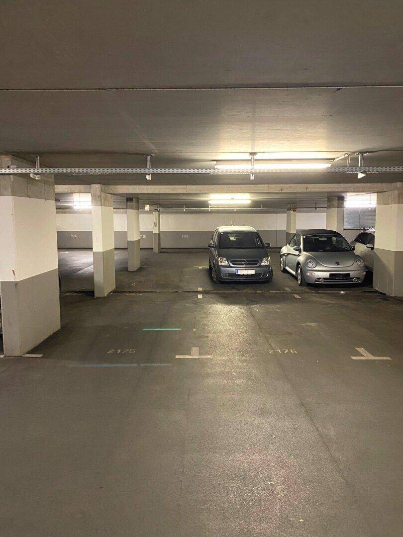 Helle Tiefgarage mit markierten Stellplätzen und einigen geparkten Fahrzeugen.
