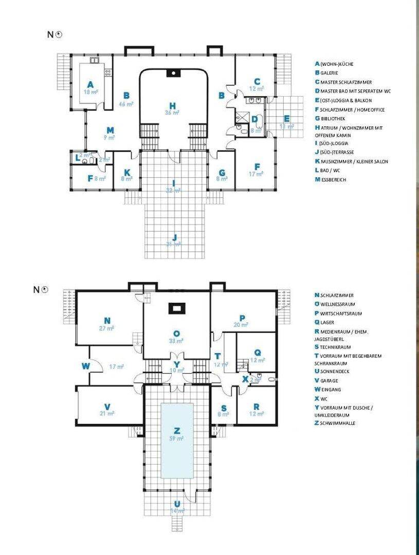 Detaillierter Grundriss des Hauses mit zwei Ebenen und integriertem Poolbereich.