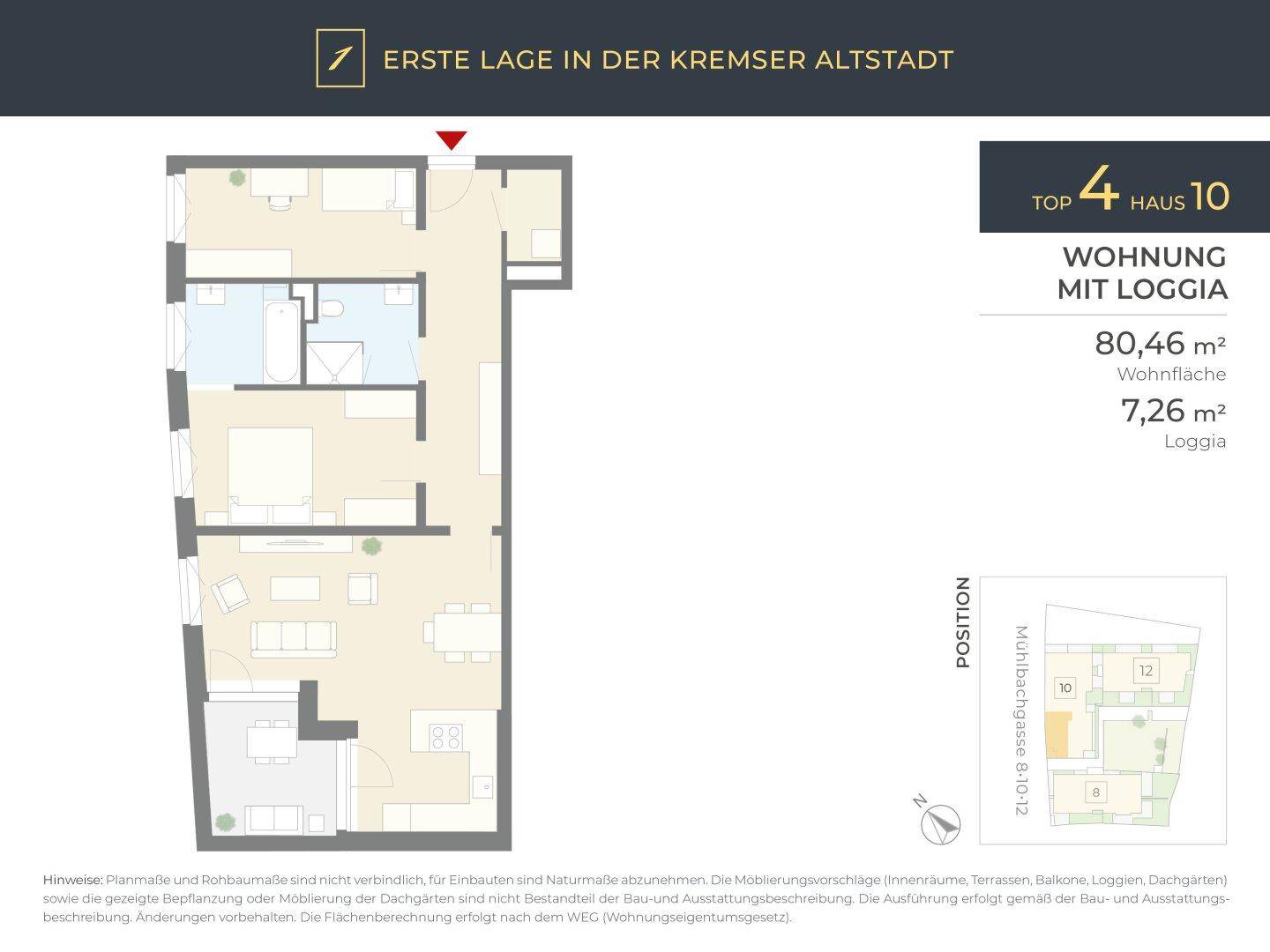 Grundriss einer Wohnung mit 80,46 m² Wohnfläche und einer Loggia von 7,26 m².