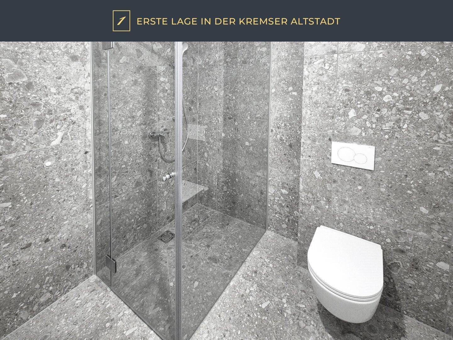 Modernes Badezimmer mit grauen Fliesen, einer begehbaren Dusche und wandhängendem WC.