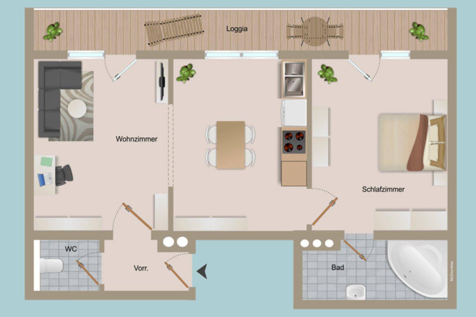 Grundriss einer Wohnung mit Wohnzimmer, Schlafzimmer, Küche, Bad, WC und Loggia.
