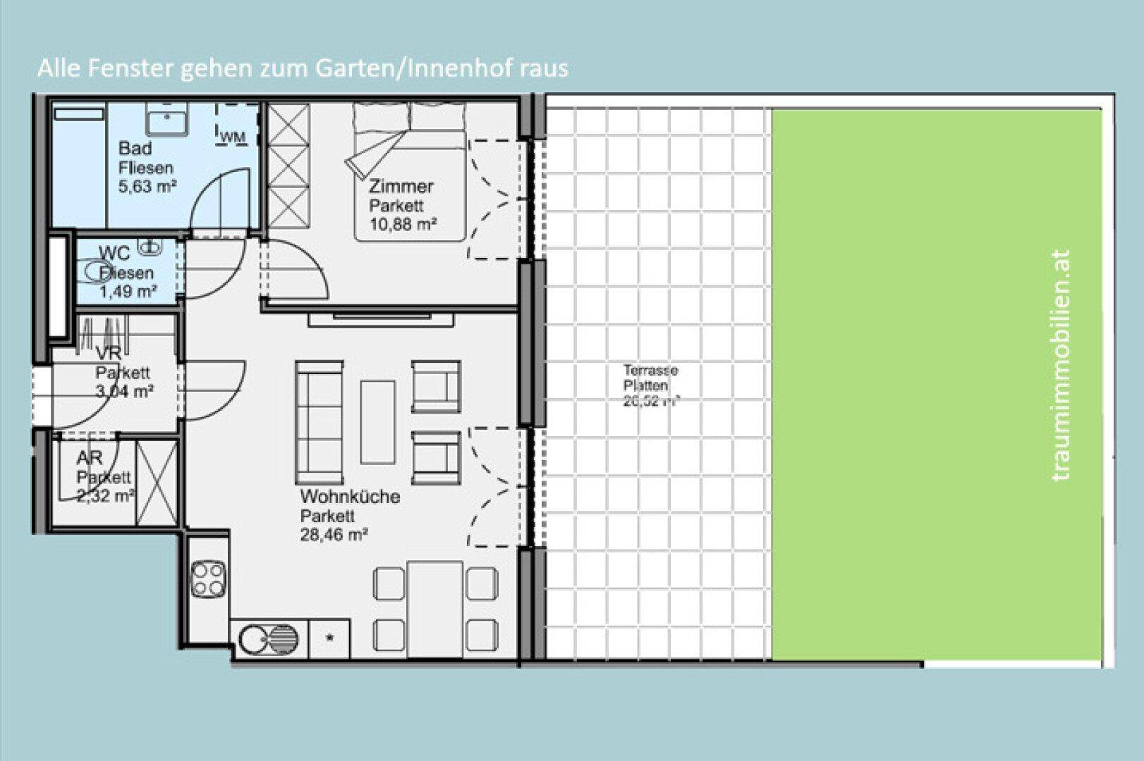 Grundriss einer Gartenwohnung mit Wohnküche, Schlafzimmer, Bad und großer Terrasse.