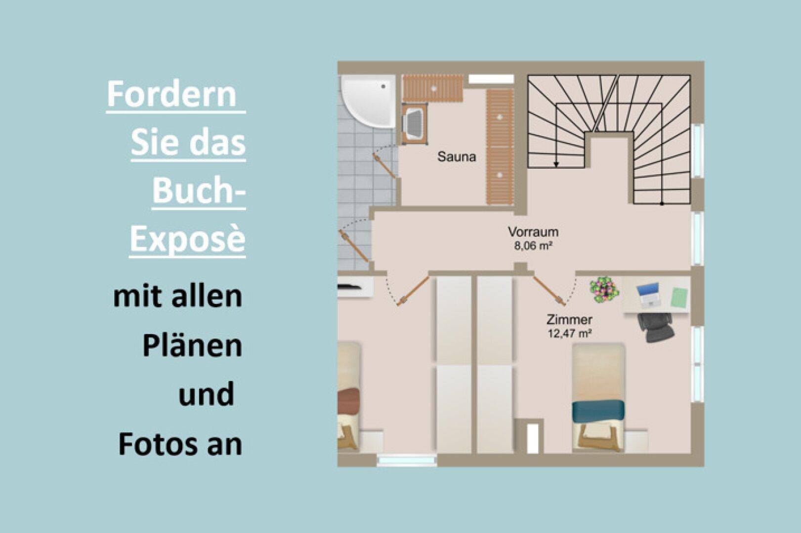Grundrissplan zeigt ein Zimmer, einen Vorraum und ein Badezimmer mit Sauna und Dusche.